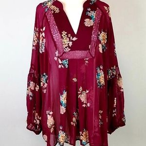 🧚‍♀️🦄EUC 3X JohnPaulRichard Sheer Burgundy Floral Boho Blouse